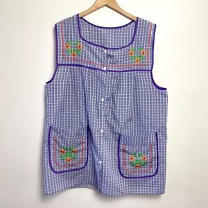 Vintage Plaid Embroidered Apron Smock Dress XL Extra Large Cottagecore Granny